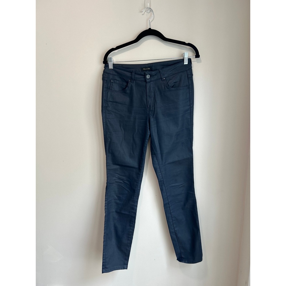 Massimo Dutti Navy Blue Coated Skinny Jeans Leather Look Waxed Pants Women 6 38